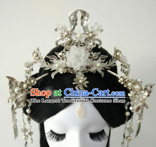 Traditional Chinese Classical Hairpins White Peony Hair Crown Ancient Princess Hanfu Hair Accessories for Women