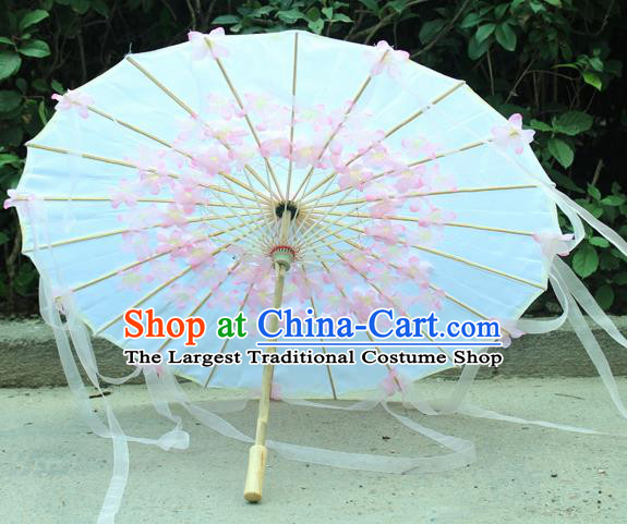 Handmade Chinese Pink Flowers Ribbon Silk Umbrella Traditional Classical Dance Decoration Umbrellas
