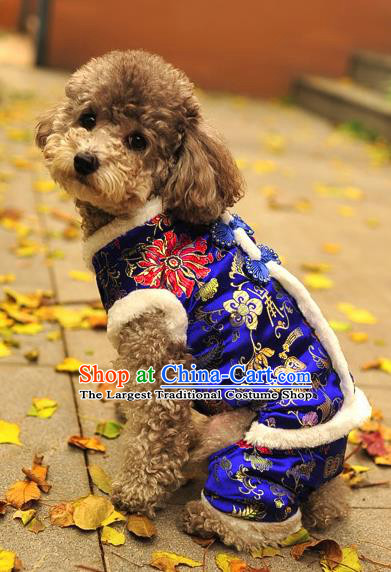 Traditional Asian Chinese Pets Clothing Dog Winter Royalblue Brocade Costumes for New Year