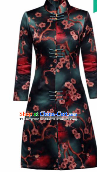 Traditional Chinese Green Silk Cheongsam Coat Mother Tang Suit Stand Collar Overcoat for Women