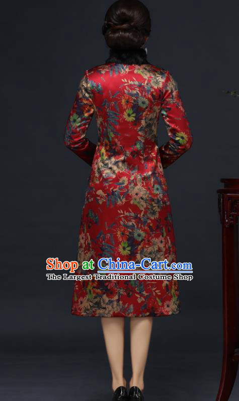 Traditional Chinese Printing Red Silk Winter Cheongsam Mother Tang Suit Qipao Dress for Women