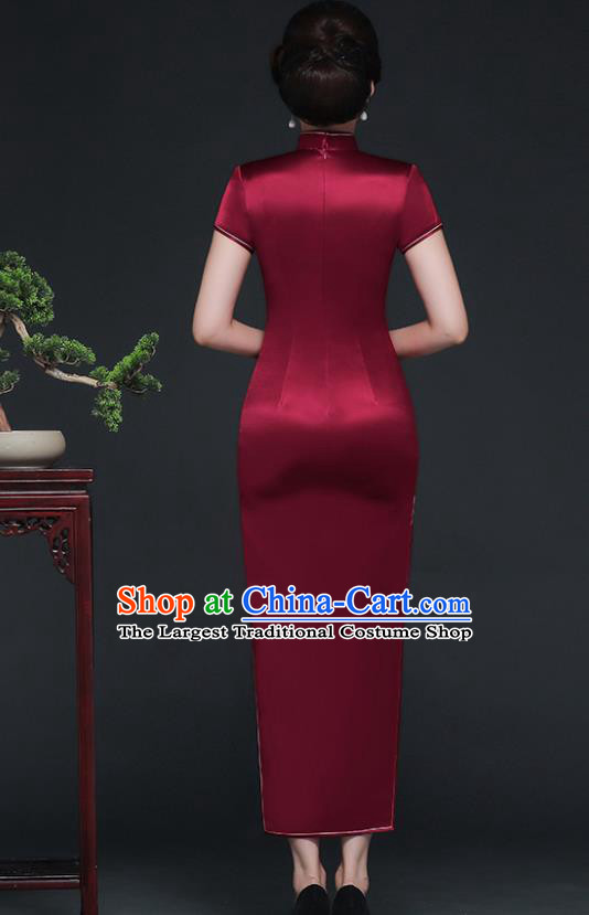 Traditional Chinese Embroidered Peony Wine Red Silk Cheongsam Mother Tang Suit Qipao Dress for Women