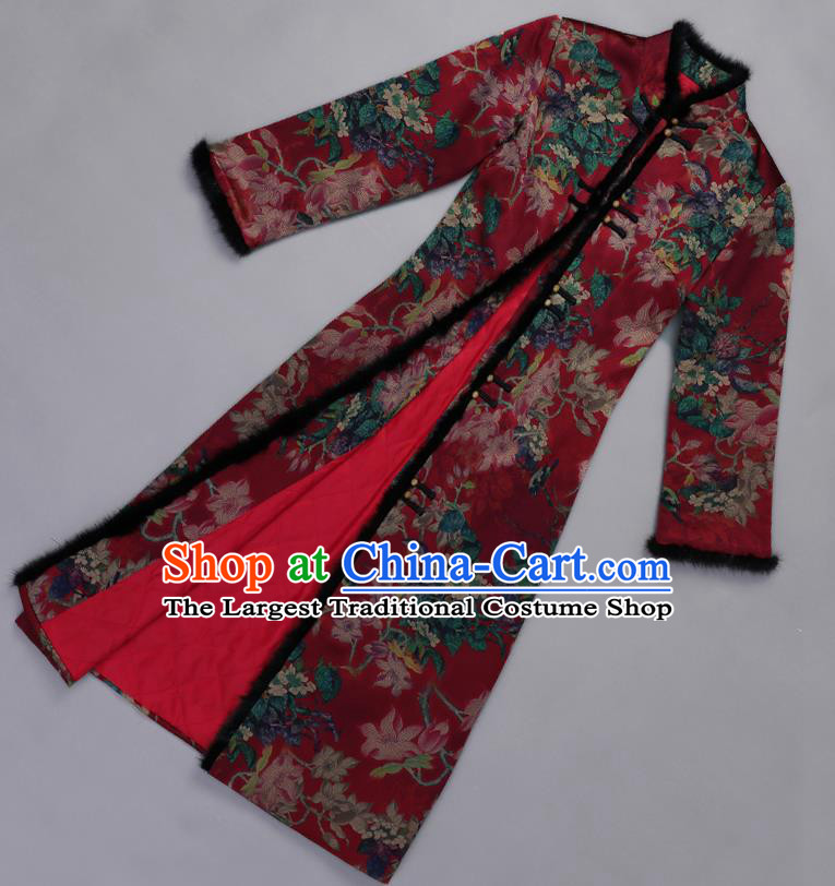 Traditional Chinese Purplish Red Silk Winter Cheongsam Mother Tang Suit Qipao Dress for Women