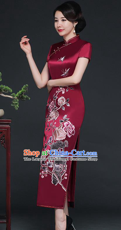 Traditional Chinese Embroidered Peony Purplish Red Silk Cheongsam Mother Tang Suit Qipao Dress for Women