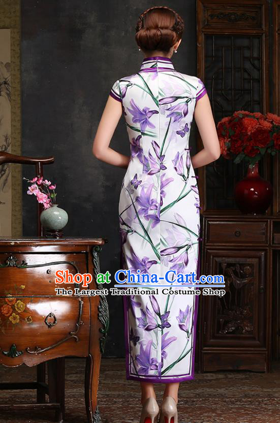 Traditional Chinese Printing Purple Flowers Silk Cheongsam Mother Tang Suit Qipao Dress for Women