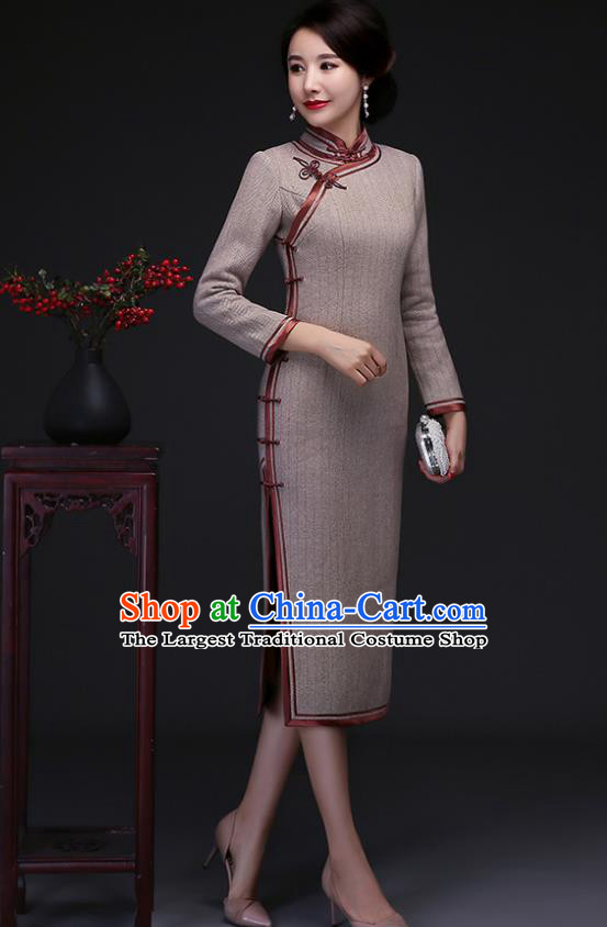 Traditional Chinese Khaki Woolen Cheongsam Mother Tang Suit Qipao Dress for Women
