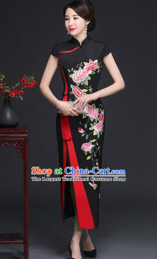 Traditional Chinese Embroidered Peony Black Silk Cheongsam Mother Tang Suit Qipao Dress for Women