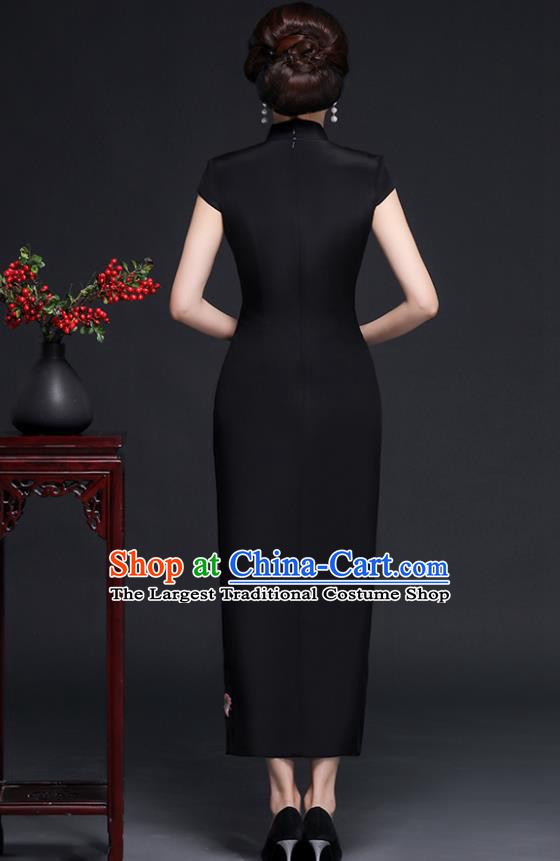 Traditional Chinese Embroidered Peony Black Silk Cheongsam Mother Tang Suit Qipao Dress for Women