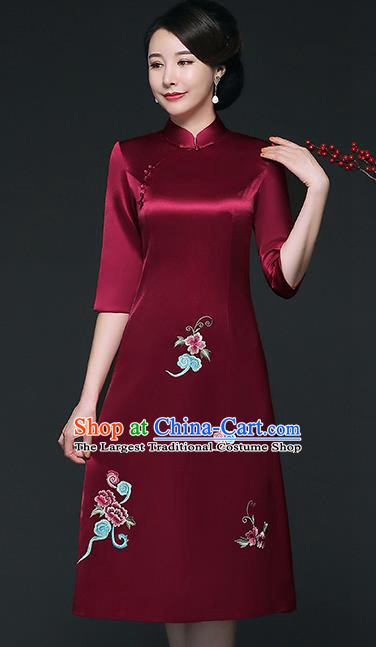 Traditional Chinese Embroidered Wine Red Silk Cheongsam Mother Tang Suit Qipao Dress for Women