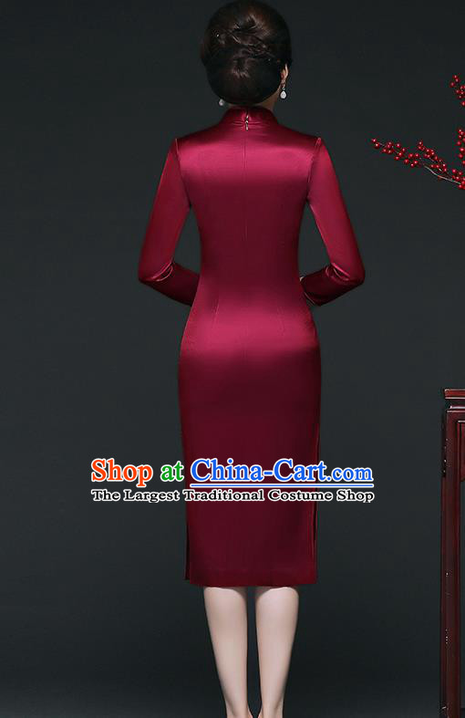 Traditional Chinese Embroidered Roses Wine Red Silk Cheongsam Mother Tang Suit Qipao Dress for Women