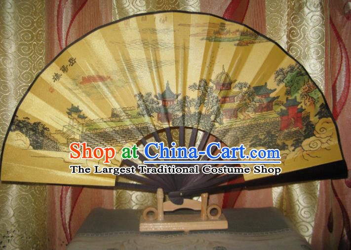 Chinese Handmade Painting Yueyang Tower Yellow Fans Accordion Fan Traditional Decoration Folding Fan
