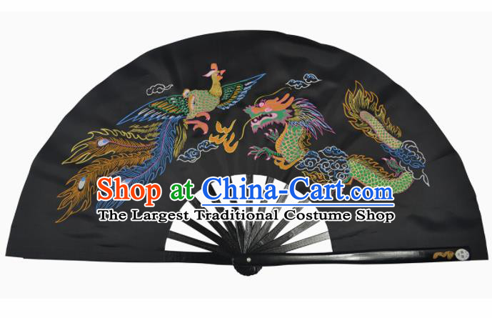 Chinese Handmade Martial Arts Printing Dragon Phoenix Black Silk Fans Accordion Fan Traditional Kung Fu Folding Fan