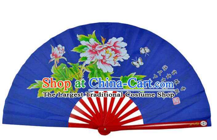 Chinese Handmade Martial Arts Printing Peony Royalblue Silk Fans Accordion Fan Traditional Kung Fu Folding Fan
