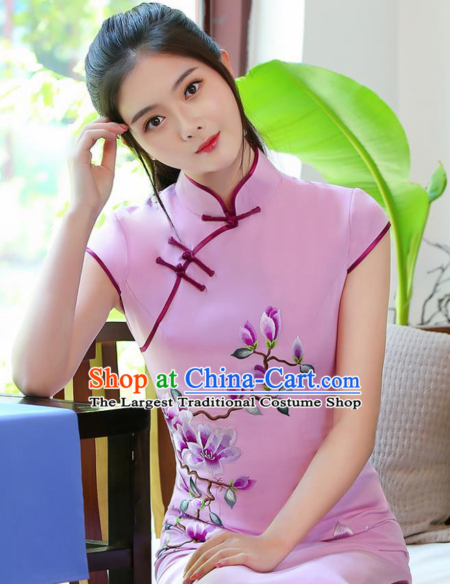 Traditional Chinese Embroidered Magnolia Pink Silk Cheongsam Mother Tang Suit Qipao Dress for Women