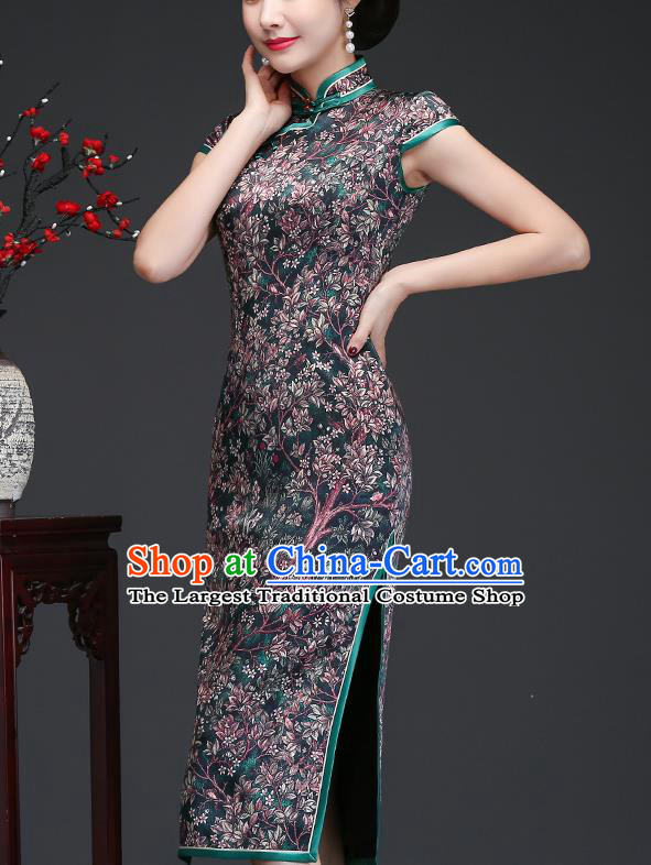 Traditional Chinese Printing Deep Green Silk Cheongsam Mother Tang Suit Qipao Dress for Women