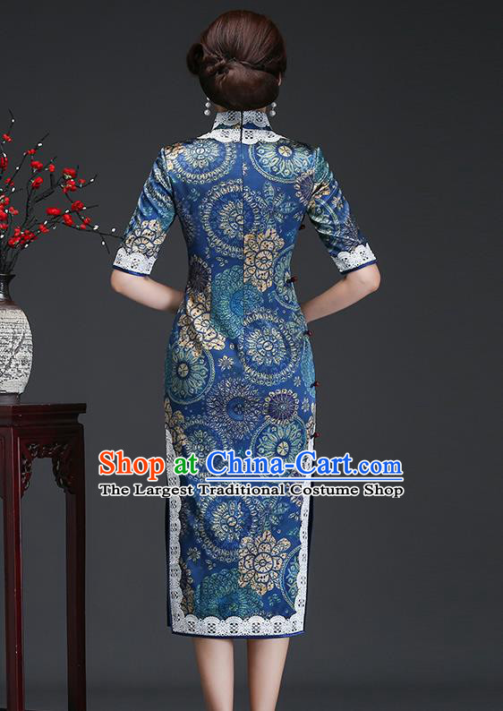 Traditional Chinese Printing Blue Silk Cheongsam Mother Tang Suit Qipao Dress for Women