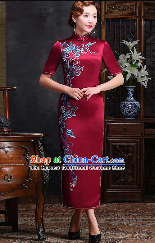 Traditional Chinese Printing Wine Red Silk Cheongsam Mother Tang Suit Qipao Dress for Women