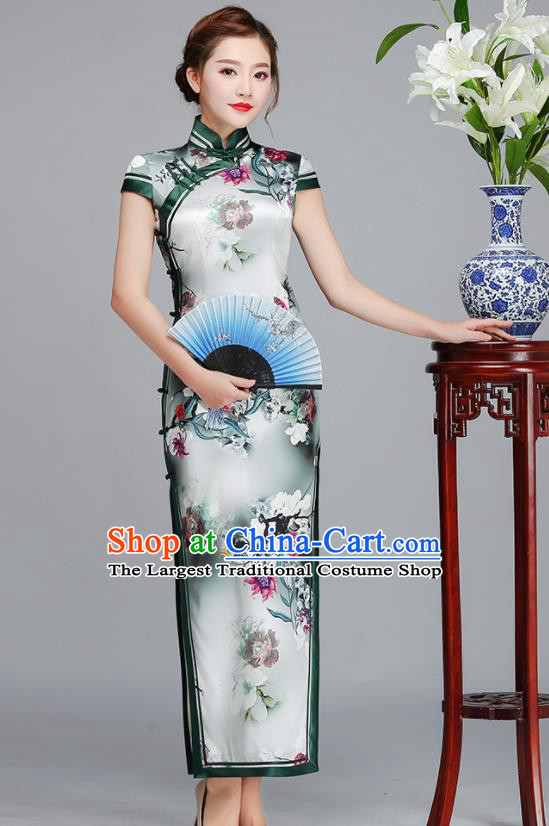Traditional Chinese Printing Flowers Light Green Silk Cheongsam Mother Tang Suit Qipao Dress for Women