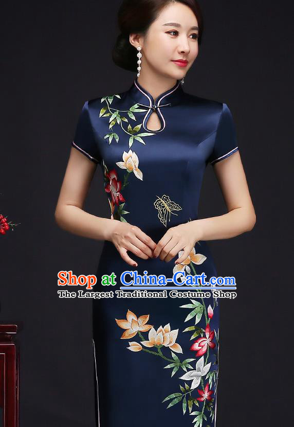 Traditional Chinese Embroidered Flowers Royalblue Silk Cheongsam Mother Tang Suit Qipao Dress for Women