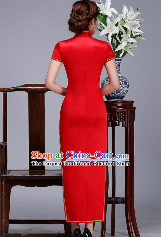 Traditional Chinese Embroidered Phoenix Peony Red Silk Cheongsam Mother Tang Suit Qipao Dress for Women