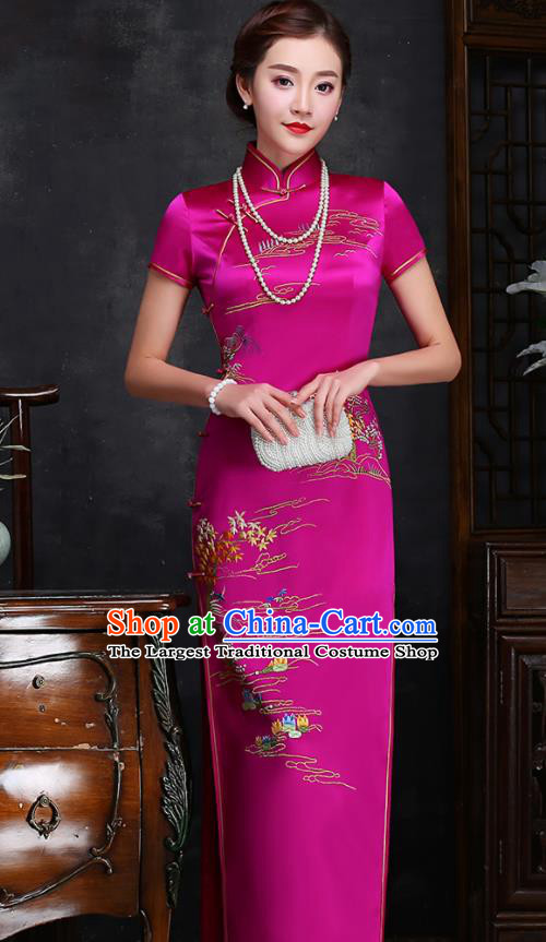 Traditional Chinese Embroidered Rosy Silk Cheongsam Mother Tang Suit Qipao Dress for Women