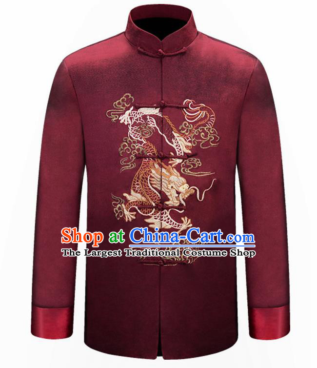 Traditional Chinese Embroidered Dragon Purplish Red Brocade Cotton Padded Coat New Year Tang Suit Stand Collar Overcoat for Old Men