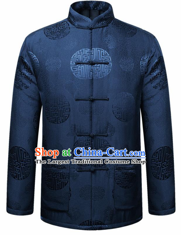Traditional Chinese Lucky Pattern Navy Brocade Cotton Padded Coat New Year Tang Suit Overcoat for Old Men