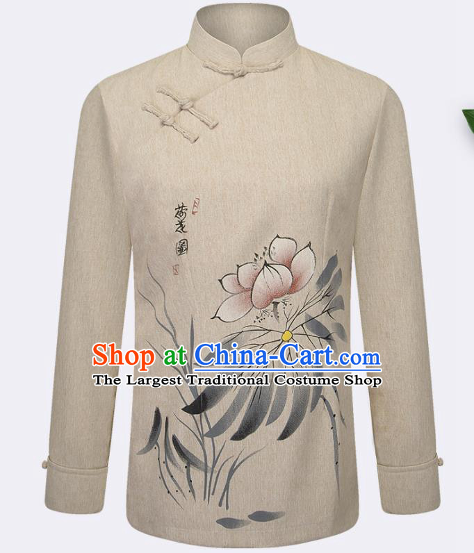 Traditional Chinese Tang Suit Printing Lotus Beige Blouse Tai Chi Training Costumes for Old Women