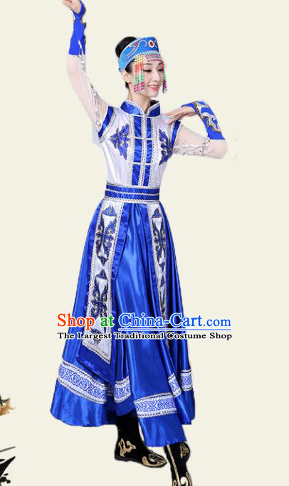 Traditional Chinese Mongol Nationality Deep Blue Dress Ethnic Minority Folk Dance Costume for Women