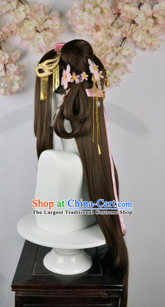 Traditional Chinese Cosplay Goddess Female Swordsman Brown Wigs Sheath Ancient Princess Chignon and Hair Accessories for Women