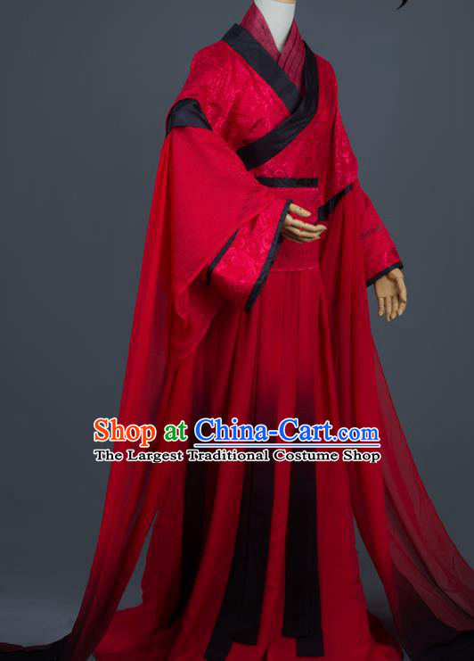 Traditional Chinese Cosplay Crown Prince Wedding Red Costumes Ancient Swordsman Hanfu Clothing for Men