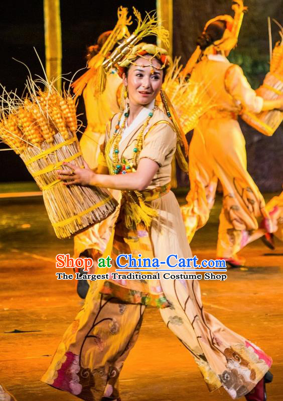 Chinese Happiness On The Way Zang Nationality Farmwife Dance Dress Stage Performance Costume and Headpiece for Women