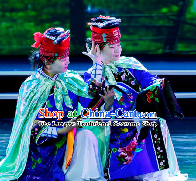 Chinese Prairie Female Embroider Mongol Nationality Dance Blue Dress Stage Performance Costume and Headpiece for Women