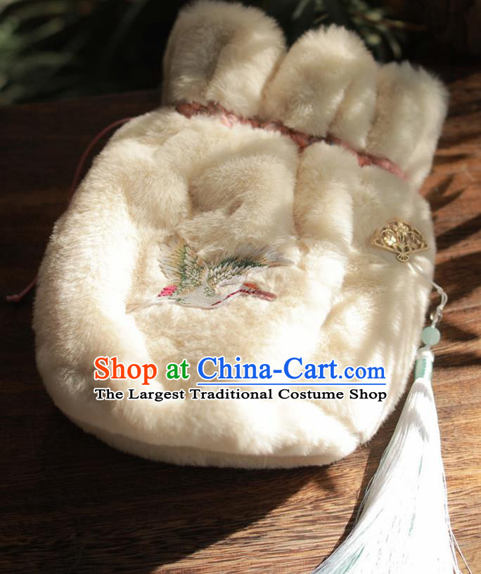 Traditional Chinese Ancient Termofor Embroidered Crane White Bag
