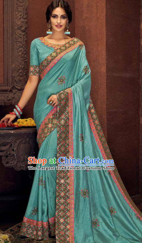 Asian Indian Court Light Blue Silk Embroidered Sari Dress India Traditional Bollywood Costumes for Women