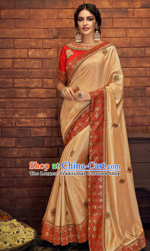 Asian Indian Court Light Golden Silk Embroidered Sari Dress India Traditional Bollywood Costumes for Women