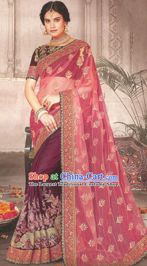 Asian Indian Court Purple Art Silk Embroidered Sari Dress India Traditional Bollywood Princess Costumes for Women