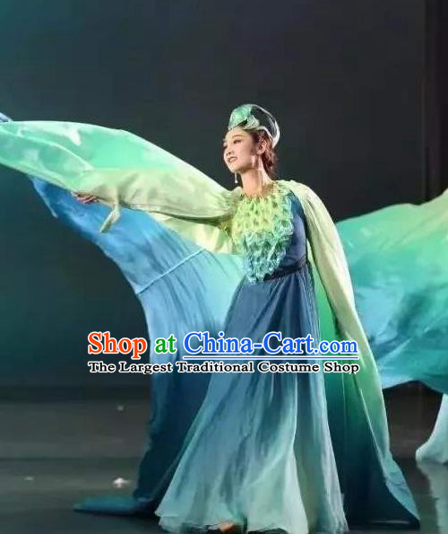Chinese Zhaojun Chu Sai Classical Dance Blue Dress Stage Performance Dance Costume and Headpiece for Women
