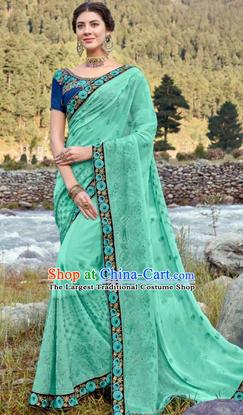 Asian Indian Embroidered Green Georgette Sari Dress India Traditional Bollywood Court Costumes for Women