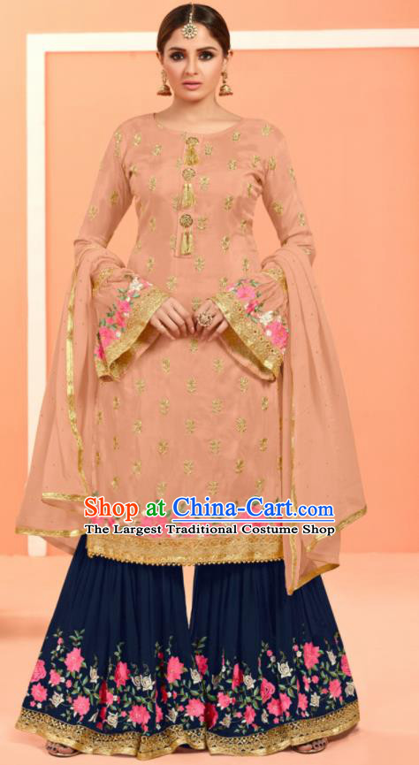 Asian Indian Embroidered Pink Faux Georgette Blouse and Navy Pants India Traditional Lehenga Choli Costumes Complete Set for Women