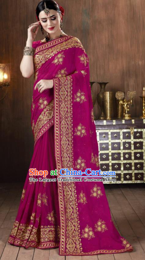 Asian Indian National Bollywood Purple Georgette Embroidered Sari Dress India Traditional Costumes for Women