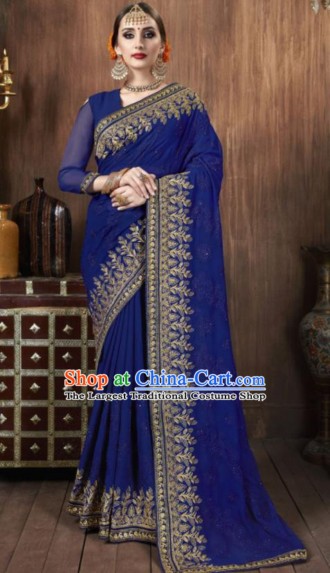 Asian Indian National Bollywood Royalblue Georgette Embroidered Sari Dress India Traditional Costumes for Women