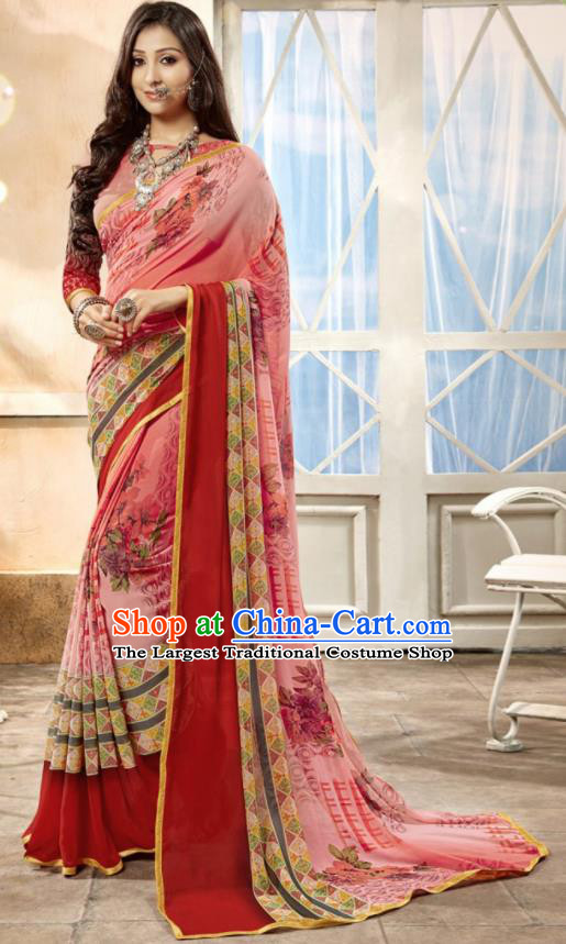 Asian Indian National Lehenga Printing Light Pink Georgette Sari Dress India Bollywood Traditional Costumes for Women
