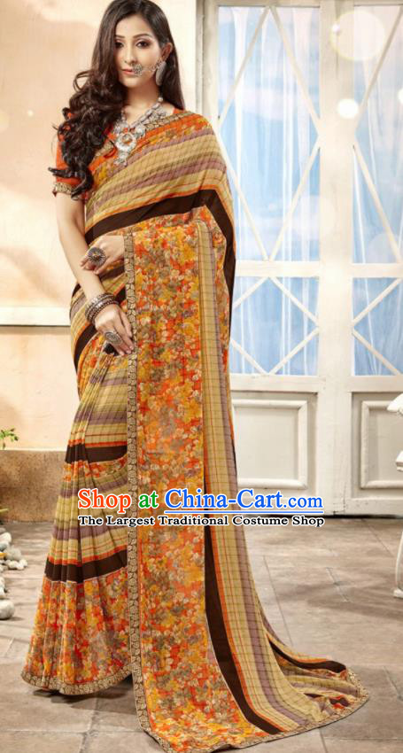 Asian Indian National Lehenga Printing Ginger Georgette Sari Dress India Bollywood Traditional Costumes for Women