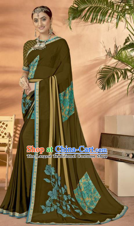 Olive Green Georgette Asian Indian National Lehenga Printing Sari Dress India Bollywood Traditional Costumes for Women
