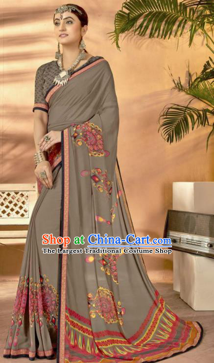 Grey Georgette Asian Indian National Lehenga Printing Sari Dress India Bollywood Traditional Costumes for Women
