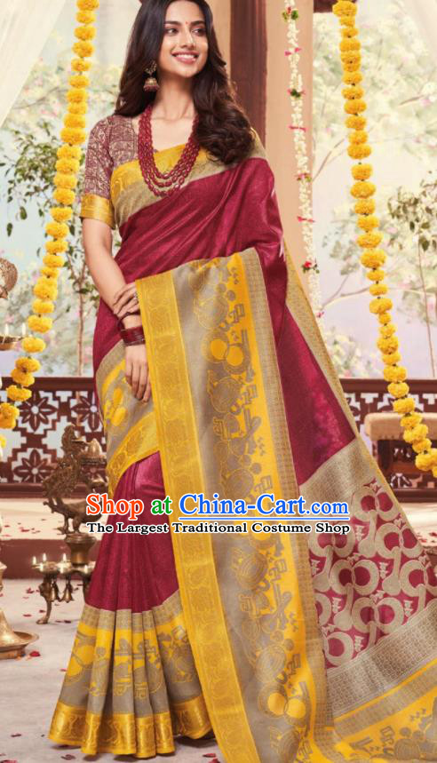Wine Red Cotton Asian Indian National Lehenga Sari Dress India Bollywood Traditional Costumes for Women