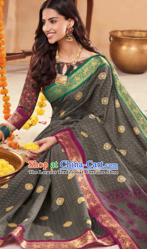 Asian Traditional Indian National Grey Cotton Sari Dress India Lehenga Bollywood Costumes for Women
