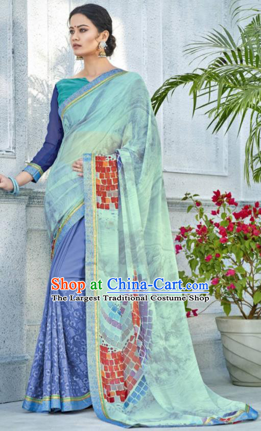 Asian Indian Bollywood Embroidered Light Green Chiffon Sari Dress India Traditional Costumes for Women