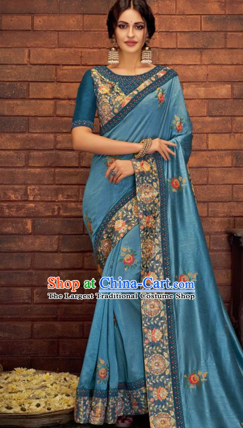 Asian Indian Court Blue Silk Embroidered Sari Dress India Traditional Bollywood Costumes for Women